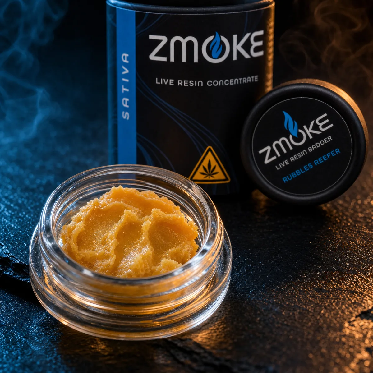 Macro view of golden ZMOKE live resin badder in an open glass jar