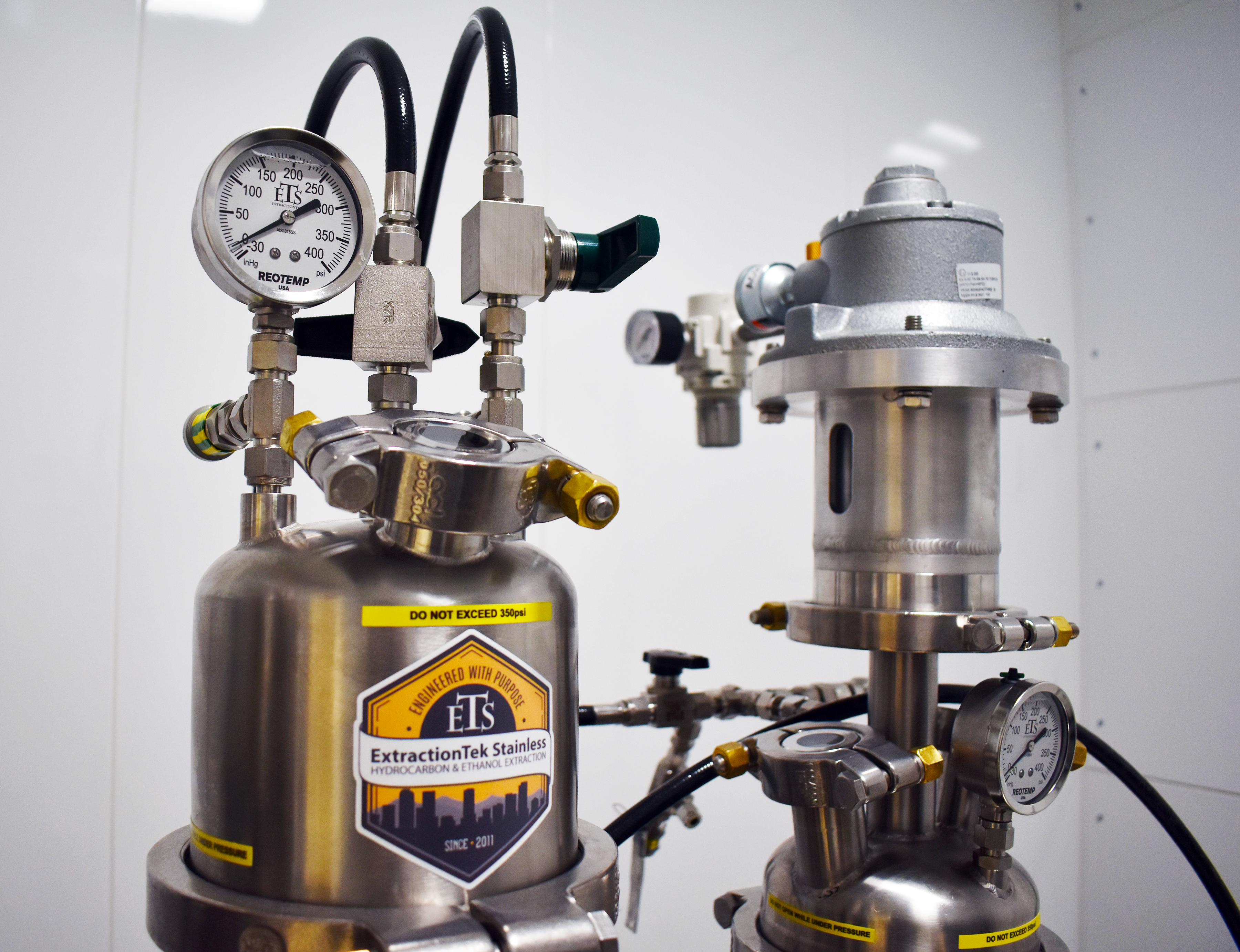 Close view of stainless-steel manufacturing equipment